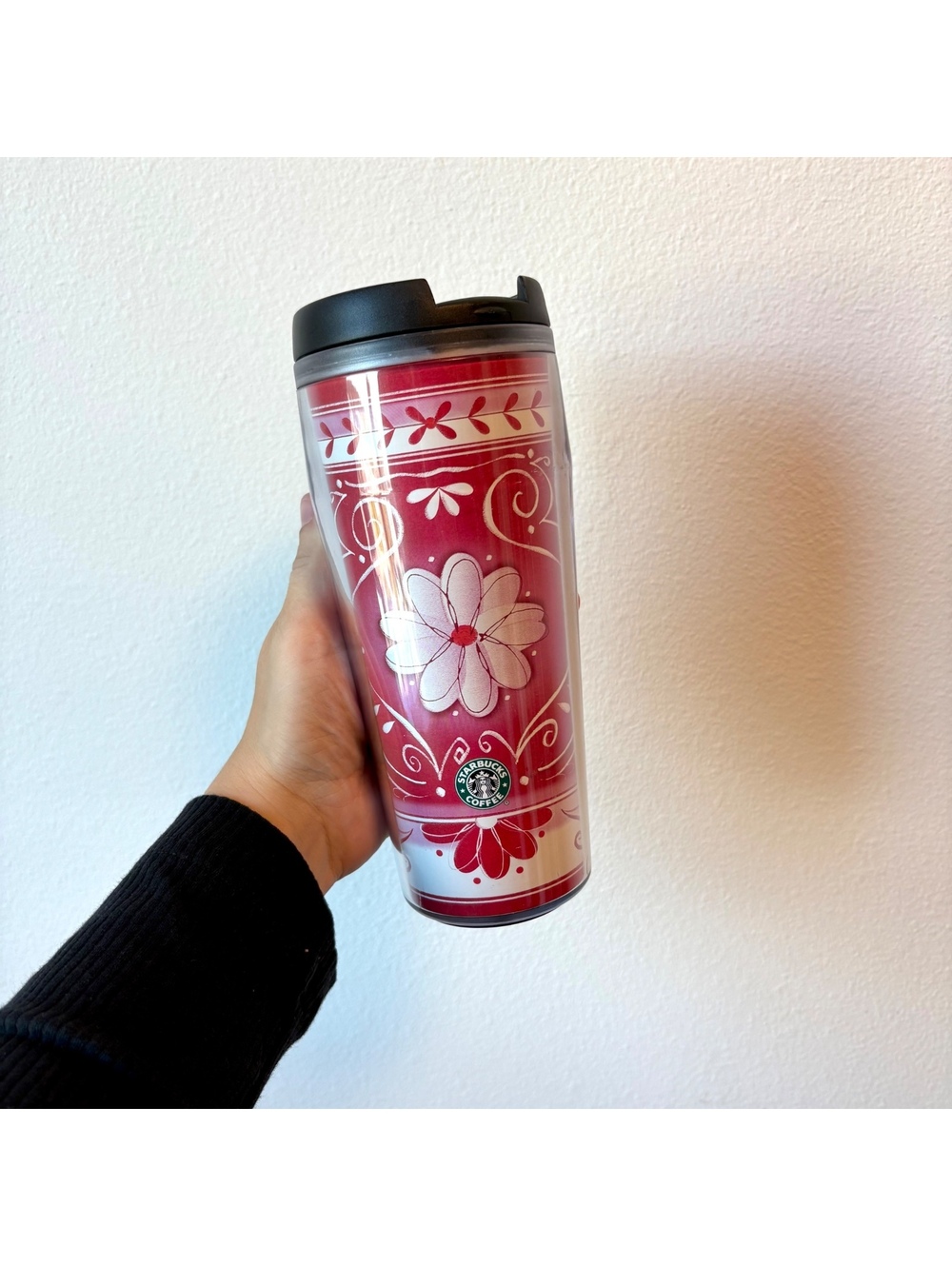 Vintage 2002 Starbucks Barista Floral Travel Tumbler Red Flower 16 Oz Coffee Cup